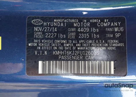 2015 Hyundai Genesis 3.8 Base z USA, uszkodzony, nr VIN KMHHT6KJ2FU126036